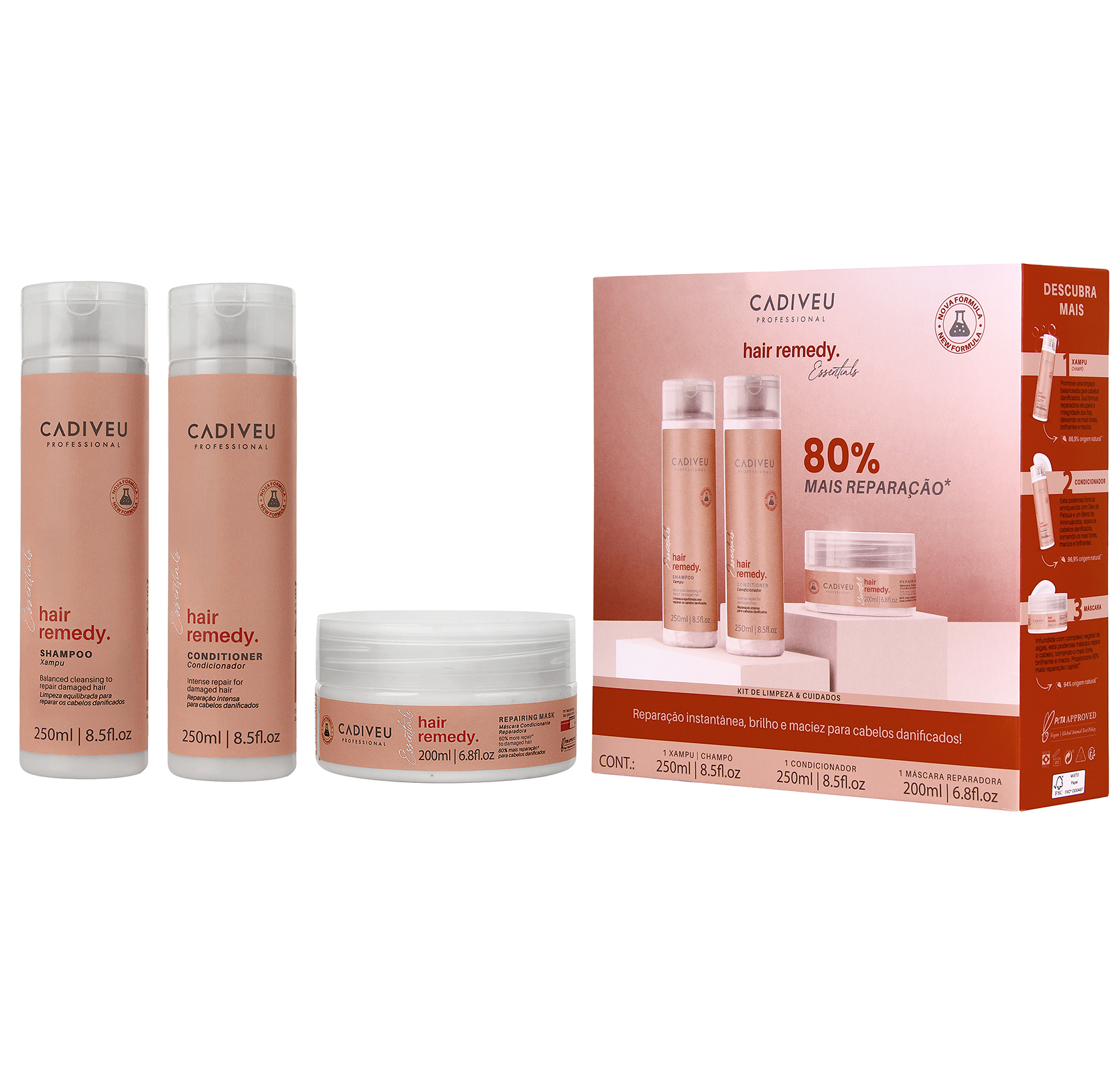 Cadiveu Professional Essentials Hair Remedy Kit Home Care Shampoo + Condicionador 250ml e Máscara 200ml