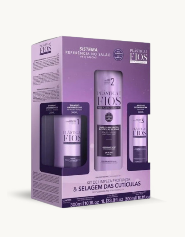 KIT Completo Selagem Térmica Plástica dos Fios Shampoo e Máscara 300ml e Ativo 1L