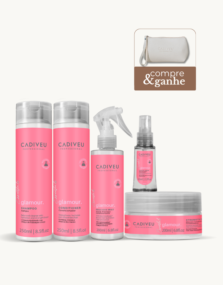 Kit Cadiveu Essentials Glamour Tratamento Completo – Shampoo 250ml + Condicionador 250ml + Máscara 200ml + Fluído Precioso 200ml + Sérum/Óleo Capilar 65ml